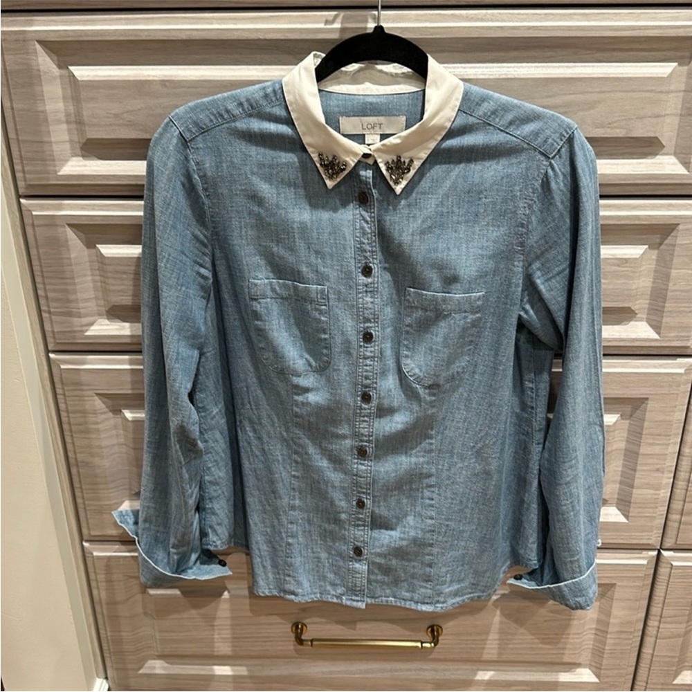 LOFT Light Blue Denim Shirt with Embellished White Collar